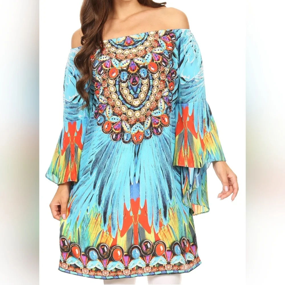 Sakkas Inna Colorful Shift Dress Tunic Bell Ruffled Sleeves Beach Coverup OS NWT